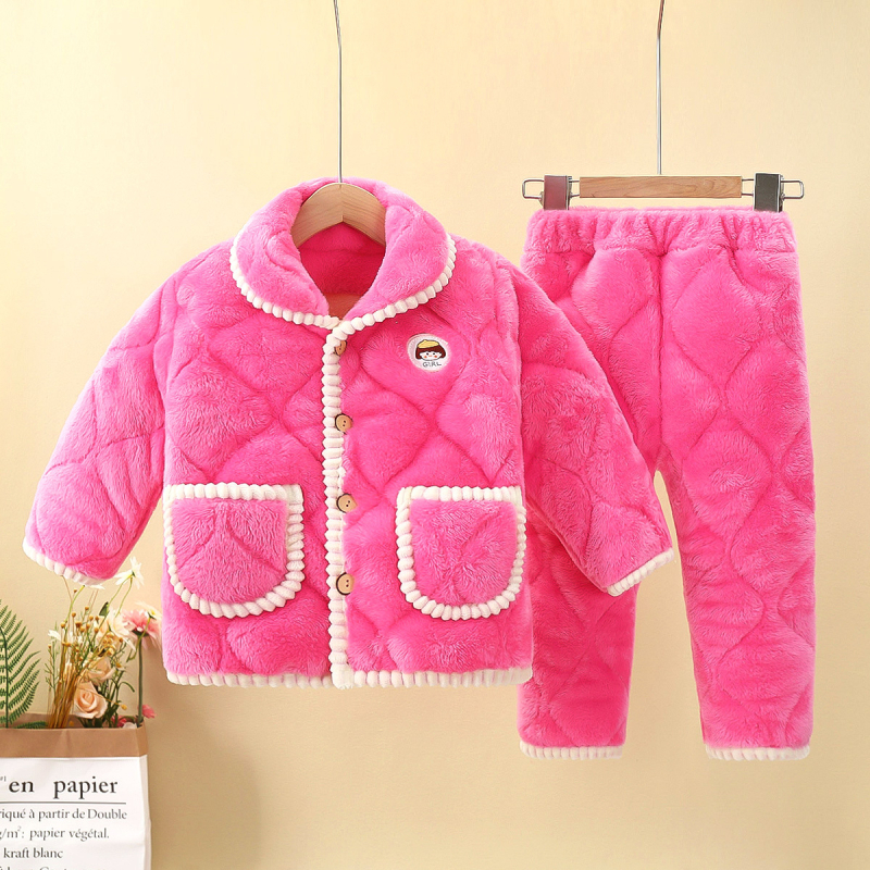 Детски пижамен комплект от дебел фланел за зима, две части, дълъг ръкав, за деца на възраст 3–8 години