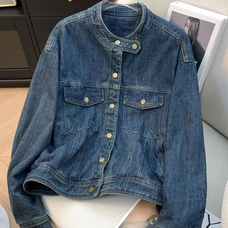 Дънково подплатено яке, свободна кройка, кръгло деколте, регулярна дължина, пролет 2025