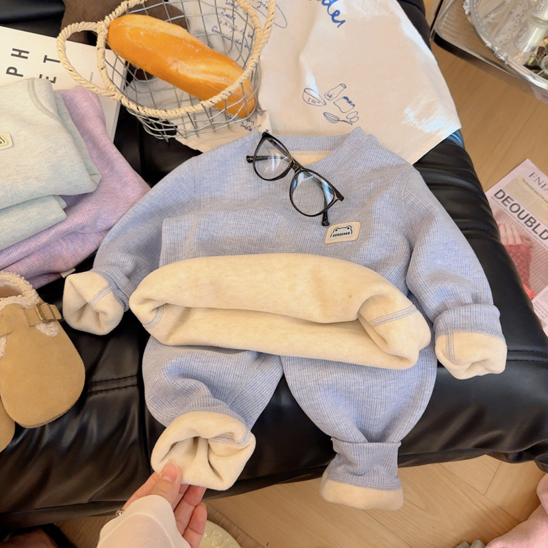Set termic din catifea pentru copii, două piese, unisex, toamnă-iarnă, material Koala Velvet
