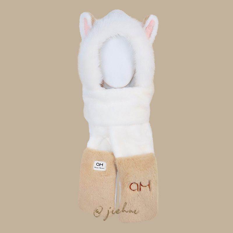 Moterų žiemos trijų dalių komplektas: kepurė, šalikas ir pirštinės, iš trumpų triušio plaukų audinio, siuvinėtas