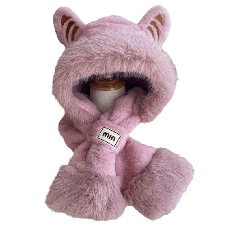 Moterų žiemos trijų dalių komplektas: kepurė, šalikas ir pirštinės, iš trumpų triušio plaukų audinio, siuvinėtas