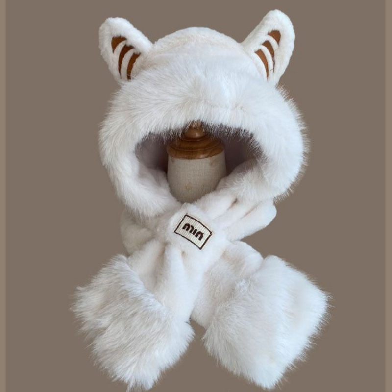 Moterų žiemos trijų dalių komplektas: kepurė, šalikas ir pirštinės, iš trumpų triušio plaukų audinio, siuvinėtas