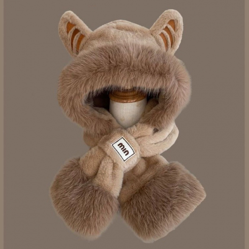 Moterų žiemos trijų dalių komplektas: kepurė, šalikas ir pirštinės, iš trumpų triušio plaukų audinio, siuvinėtas