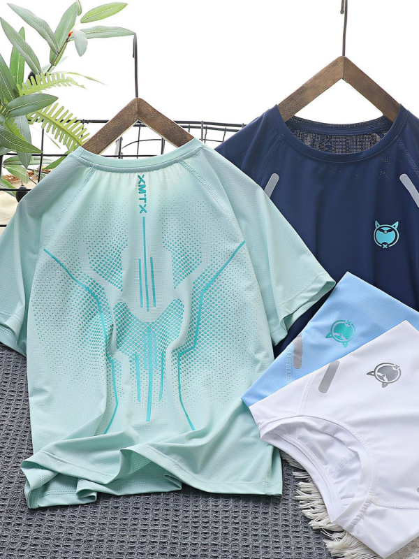 Tricou pentru copii, uscare rapidă, material nylon, imprimeu cu desene animate, guler rotund, mâneci scurte