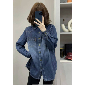 Женска дънкова риза с chenille плат, поло яка, редовни ръкави, спандекс под 30%, пролет 2025.