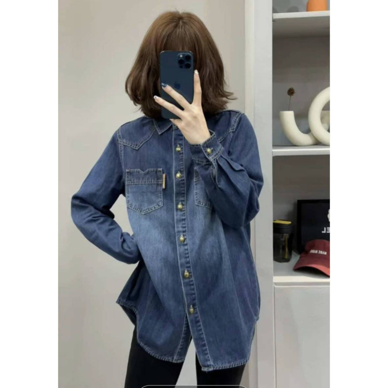 Женска дънкова риза с chenille плат, поло яка, редовни ръкави, спандекс под 30%, пролет 2025.