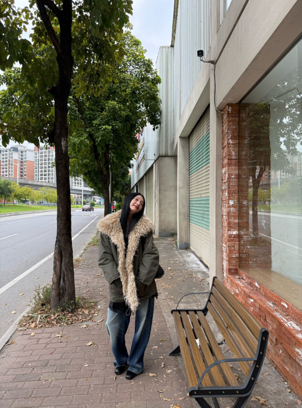 Дамски памучен парка с пухена яка – японско-корейски стил, средна дължина, дълги ръкави