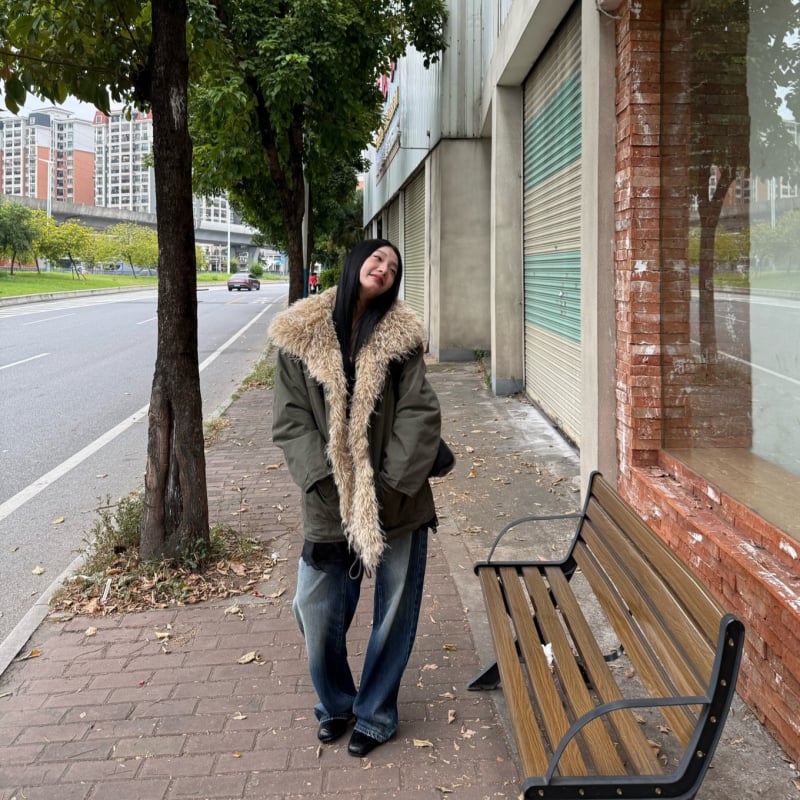 Дамски памучен парка с пухена яка – японско-корейски стил, средна дължина, дълги ръкави