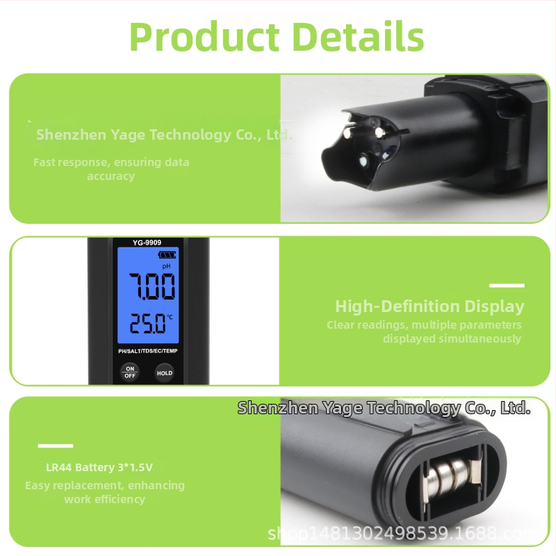 Ūdens kvalitātes 5‑in‑1 testeris baseiniem un akvārijiem – pH, EC/TDS, sāļums, temperatūra (modeļa YG-9909)