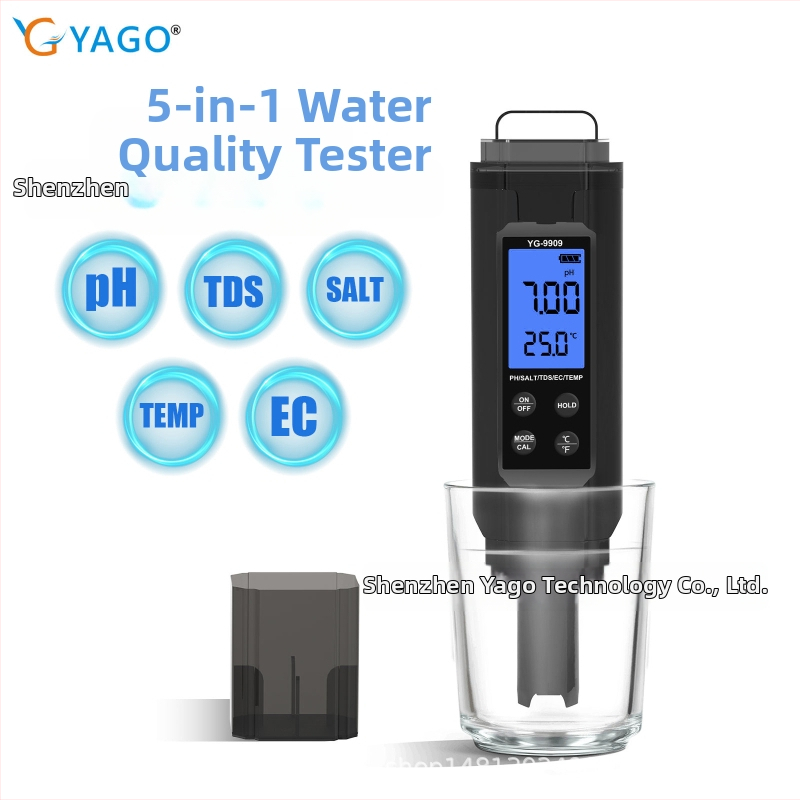 Vandens kokybės 5-in-1 testeris baseinams ir akvariumams – pH, EC/TDS, druskos kiekis, temperatūra (modelis YG-9909)