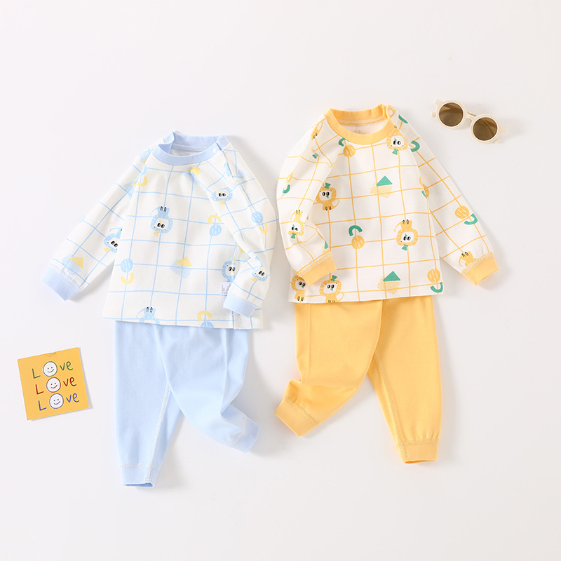 Set de pijamale pentru bebeluși, 100% bumbac, două piese, top cu mânecă lungă și pantaloni lungi, imprimeu animale