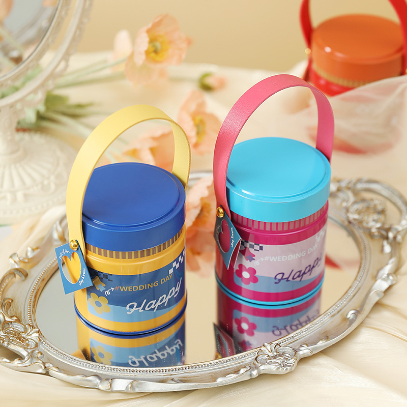 Кругла кутия за подаръци от цинкова ламарина — карикатурен стил, метална конструкция, сватбени поводи