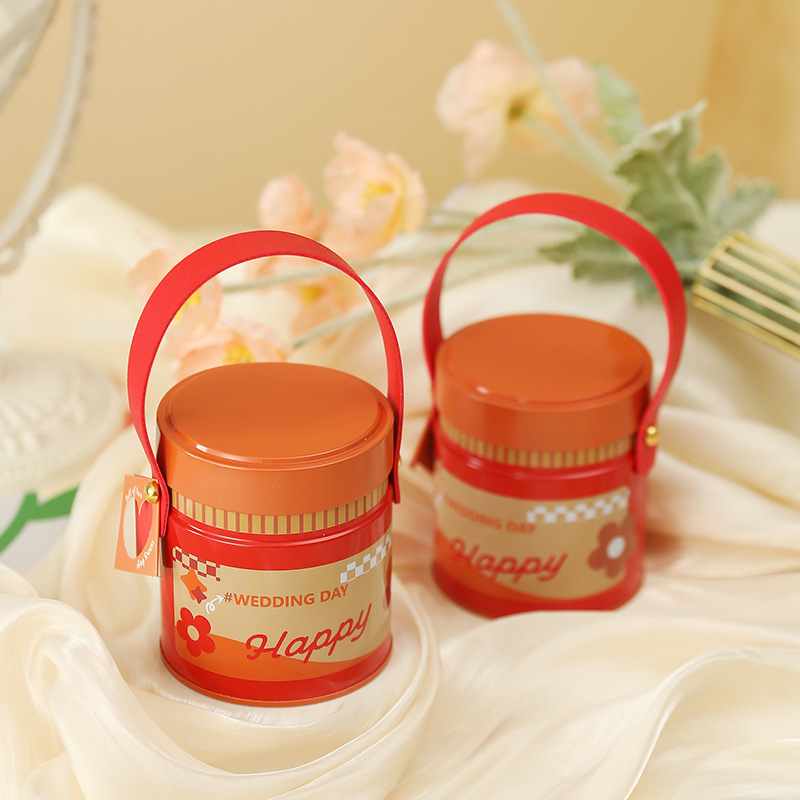 Кругла кутия за подаръци от цинкова ламарина — карикатурен стил, метална конструкция, сватбени поводи