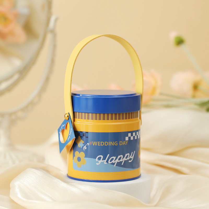 Кругла кутия за подаръци от цинкова ламарина — карикатурен стил, метална конструкция, сватбени поводи