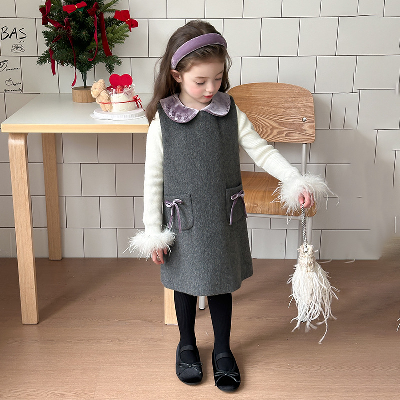 Set din două piese pentru copii: jachetă din lână + rochie fără mâneci, stil coreean, iarnă, amestec lână/poliester 50/50