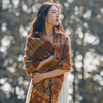 Șal poncho pentru femei, lână acrilică, toamnă-iarnă, stil etnic japonez-coreean drăguț, SEAMMER