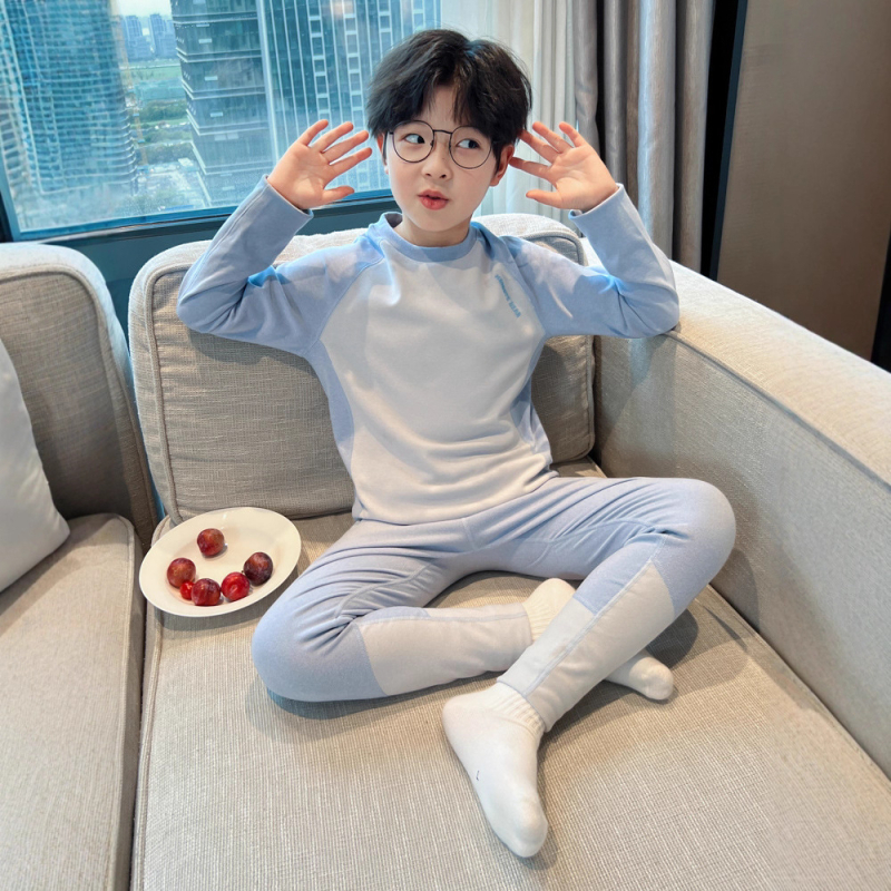 Vaikų fliso šiluminis komplektas rudens–žiema, storas, apvalia kaklo viršūnė ir kelnės, berniukams nuo 8 metų (140 cm+), namų drabužiai miegui