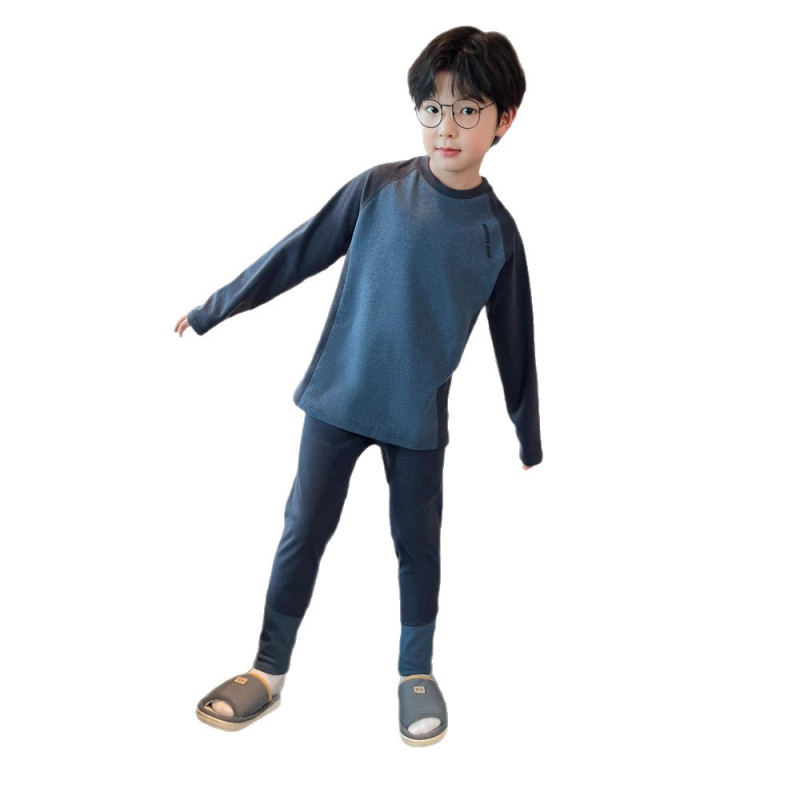 Vaikų fliso šiluminis komplektas rudens–žiema, storas, apvalia kaklo viršūnė ir kelnės, berniukams nuo 8 metų (140 cm+), namų drabužiai miegui