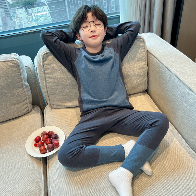 Vaikų fliso šiluminis komplektas rudens–žiema, storas, apvalia kaklo viršūnė ir kelnės, berniukams nuo 8 metų (140 cm+), namų drabužiai miegui