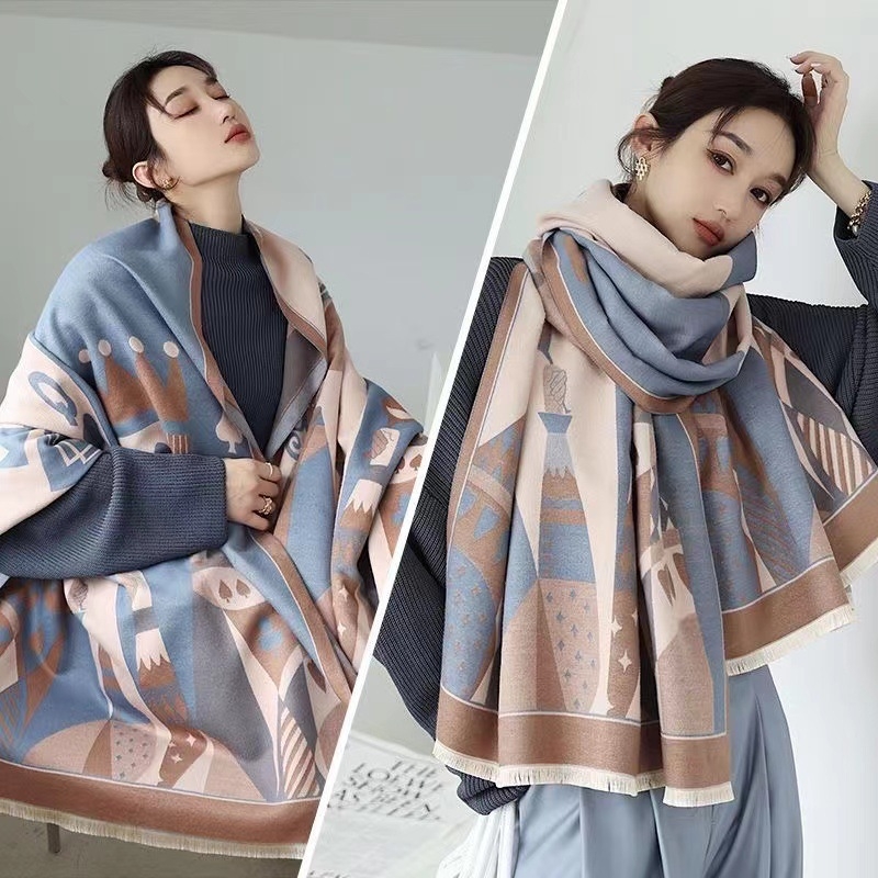 Šal-pončo u etničkom stilu od pamuka, jacquard tkanina warp-knit, zadržava toplinu