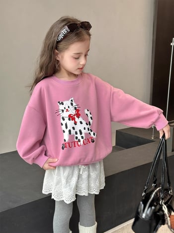 Lányoknak szóló pamut pulóver, koreai stílus, kerek nyakú, hosszú ujjú, mintázat cartoon és betűk, 3–8 éveseknek