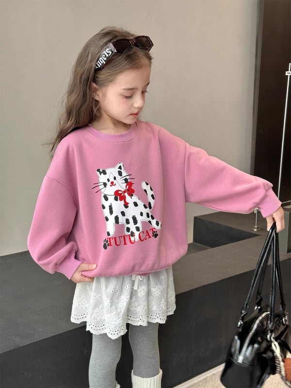 Lányoknak szóló pamut pulóver, koreai stílus, kerek nyakú, hosszú ujjú, mintázat cartoon és betűk, 3–8 éveseknek