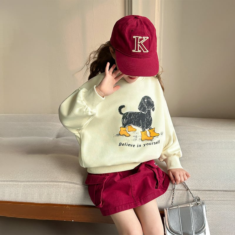 Lányoknak szóló pamut pulóver, koreai stílus, kerek nyakú, hosszú ujjú, mintázat cartoon és betűk, 3–8 éveseknek