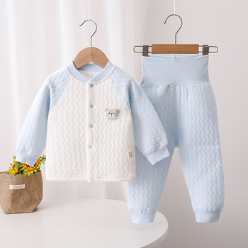 Kūdikio terminis apatinių komplektas rudens–žiema, trijų sluoksnių šiluma, aukštos liemens apsauga pilvo sričiai, 100% medvilnė, V formos kaklo apykaklė, amžiaus diapazonas 1–3 metai