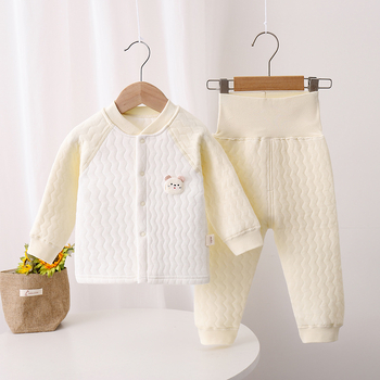 Kūdikio terminis apatinių komplektas rudens–žiema, trijų sluoksnių šiluma, aukštos liemens apsauga pilvo sričiai, 100% medvilnė, V formos kaklo apykaklė, amžiaus diapazonas 1–3 metai