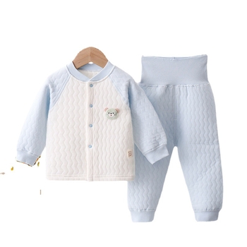 Kūdikio terminis apatinių komplektas rudens–žiema, trijų sluoksnių šiluma, aukštos liemens apsauga pilvo sričiai, 100% medvilnė, V formos kaklo apykaklė, amžiaus diapazonas 1–3 metai