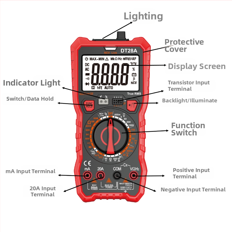 Digitālais multimetrs DT28A6000 — pielāgojama versija, portatīvs profesionālai lietošanai; Kapacitāte līdz 100 mF; DC spriegums līdz 1000 V; AC spriegums līdz 750 V; DC strāva līdz 20 A; AC strāva līdz 20 A