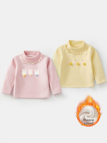 Kūdikių mergaitėms bazinis marškinėlis su fliso įdaila, storas ir šiltas, ilgomis rankovėmis, pusiau aukšta apykaklė, rudens–žiemos laikotarpiui