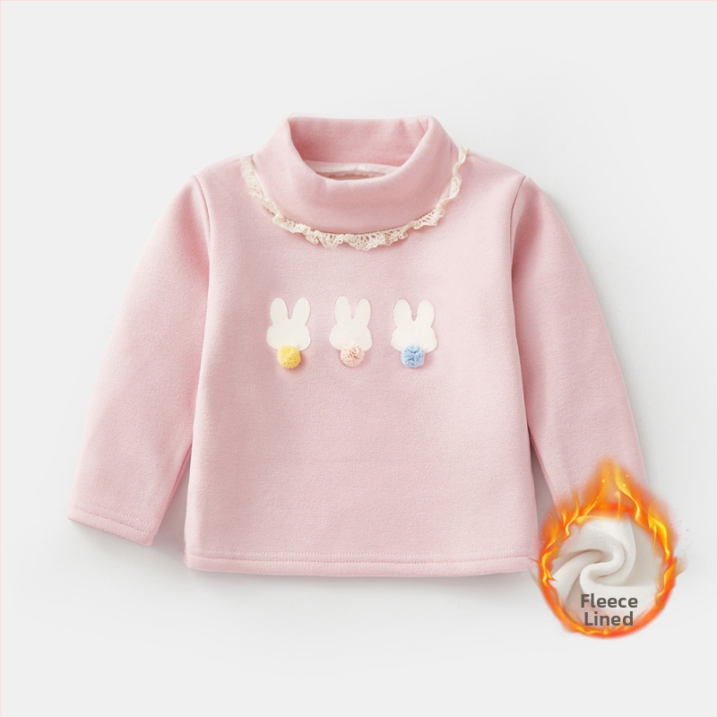 Kūdikių mergaitėms bazinis marškinėlis su fliso įdaila, storas ir šiltas, ilgomis rankovėmis, pusiau aukšta apykaklė, rudens–žiemos laikotarpiui