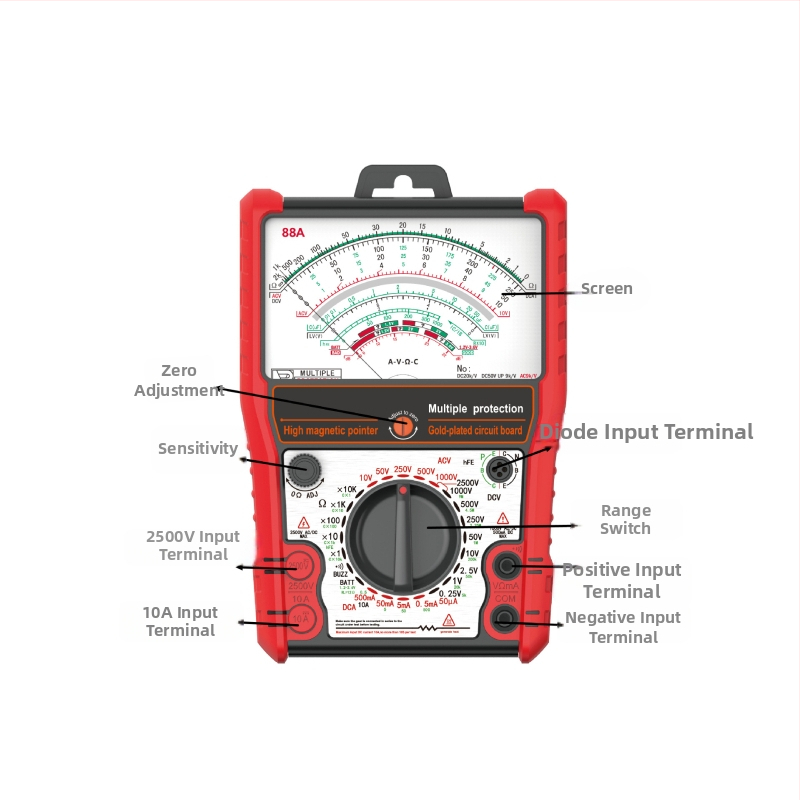 Analogais multimetrs 88A ar kontinuitātes, kapacitātes un hFE mērījumu, pašatjaunojošs aizsargs