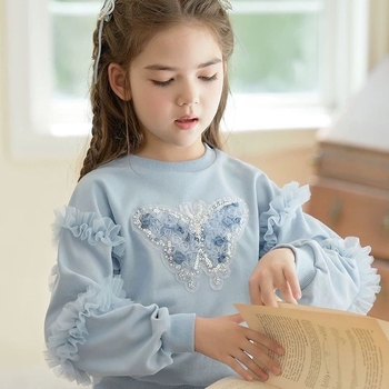 Детска суитшърт с дантелена кант и мрежеста тъкан, дълги ръкави, пуловер, принцес стил, дебел плат, 95% полиестер