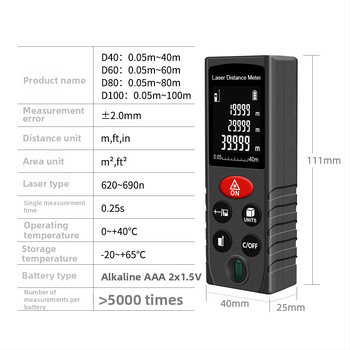Inorm Nešiojamas lazerinio atstumo matuoklis, diapazonas 0,05–100 m, raiška 1 mm, tikslumas ±2 mm, IP54 apsauga