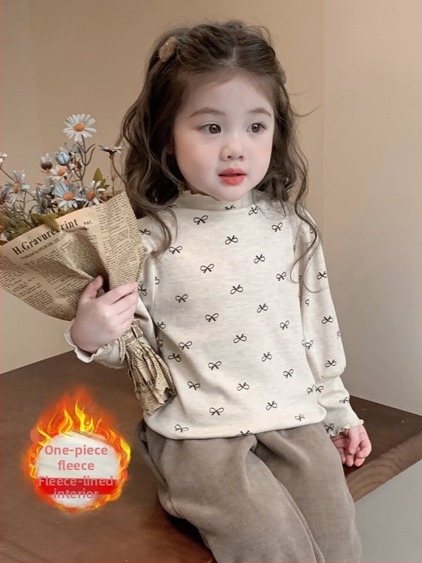 Lányos fleece alap felső, koreai stílus, magas nyakú, pamut fleece, téli viselet