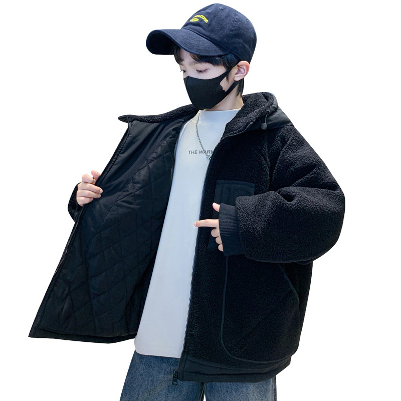 Fiúknak téli fleece kapucnis dzseki, vastag, poliészter külső és bélés, cipzáras záródás