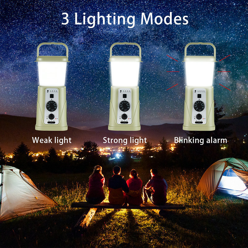 Lauko kemperių daugiafunkcinė lemputė su rankiniu įkrovimu, saulės įkrovimu ir radiju (HY-008; >4000mAh; mono garsas)