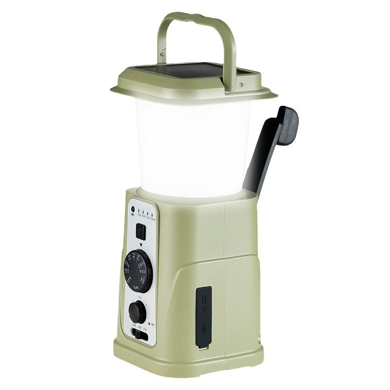 Lauko kemperių daugiafunkcinė lemputė su rankiniu įkrovimu, saulės įkrovimu ir radiju (HY-008; >4000mAh; mono garsas)