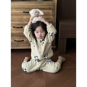 Kisgyerekeknek szóló két darabos pizsama cipzárral, koreai stílusú, téli vastag, állat/animációs minta