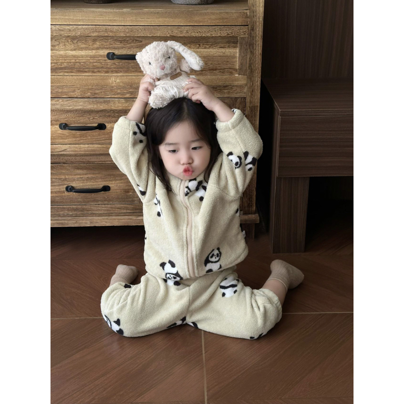 Kisgyerekeknek szóló két darabos pizsama cipzárral, koreai stílusú, téli vastag, állat/animációs minta