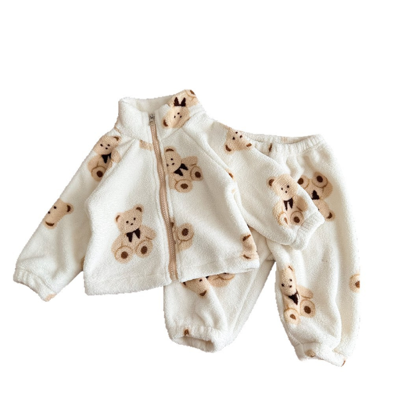 Kisgyerekeknek szóló két darabos pizsama cipzárral, koreai stílusú, téli vastag, állat/animációs minta