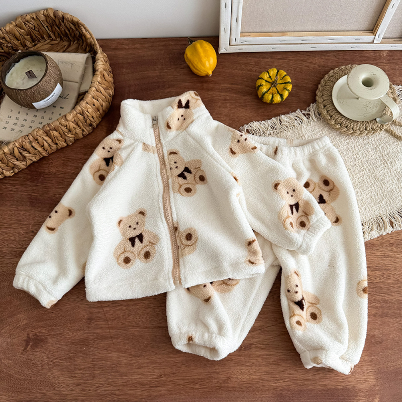 Kisgyerekeknek szóló két darabos pizsama cipzárral, koreai stílusú, téli vastag, állat/animációs minta