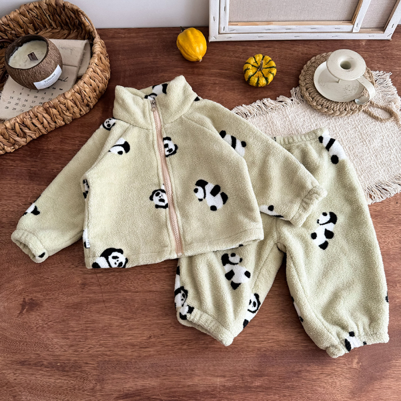 Kisgyerekeknek szóló két darabos pizsama cipzárral, koreai stílusú, téli vastag, állat/animációs minta