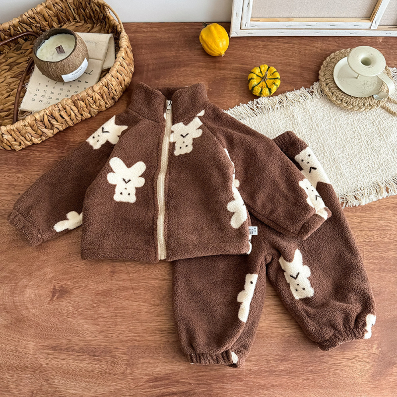 Kisgyerekeknek szóló két darabos pizsama cipzárral, koreai stílusú, téli vastag, állat/animációs minta