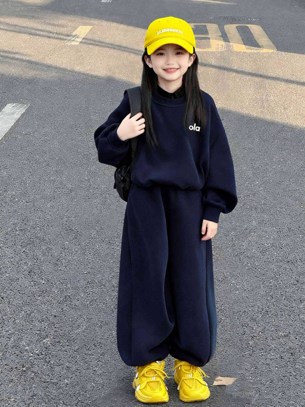 Lányok őszi casual kétdarabos készlet: hosszú ujjú pulóver felső + hosszú nadrág, egyszínű, 80% poliészter