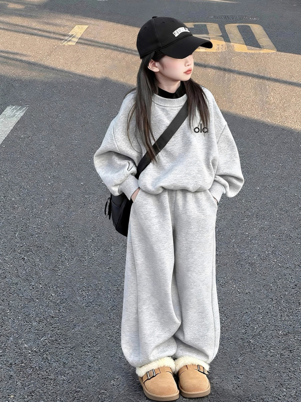 Lányok őszi casual kétdarabos készlet: hosszú ujjú pulóver felső + hosszú nadrág, egyszínű, 80% poliészter