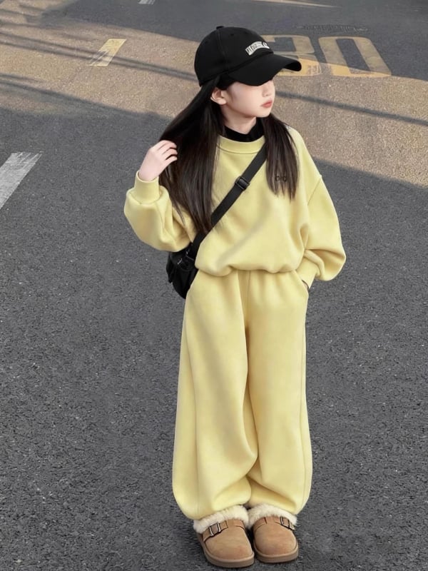 Lányok őszi casual kétdarabos készlet: hosszú ujjú pulóver felső + hosszú nadrág, egyszínű, 80% poliészter