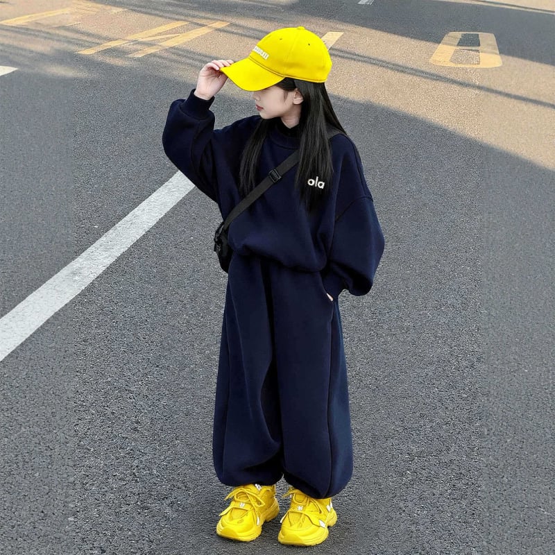 Lányok őszi casual kétdarabos készlet: hosszú ujjú pulóver felső + hosszú nadrág, egyszínű, 80% poliészter